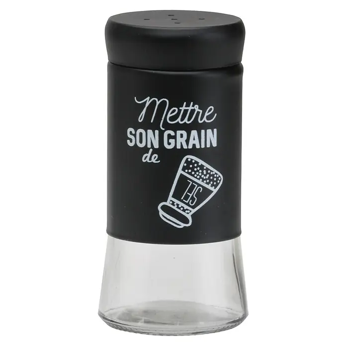 Salero o pimentero - Ø x Al: 5,5 mm x 10,5 cm, 120 ml - Esta imagen muestra un salero negro con la inscripción "Mettre son grain de sel" y una ilustración de un salero.