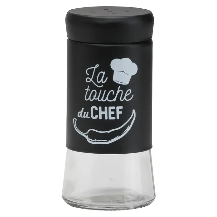 Salero o pimentero - Ø x Al: 5,5 mm x 10,5 cm, 120 ml - Primer plano de un elegante espolvoreador de especias con la inscripción "La touche du Chef" y un motivo de chile, ideal para añadir acentos culinarios.