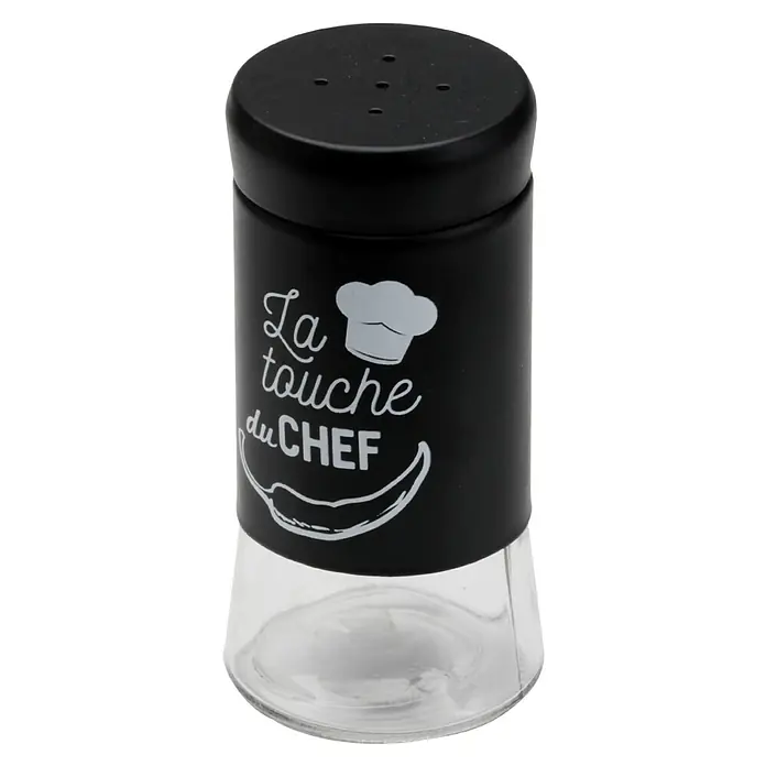 Salero o pimentero - Ø x Al: 5,5 mm x 10,5 cm, 120 ml - Un salero negro con letras "La touche du Chef" y un diseño de sombrero de cocinero y chile.