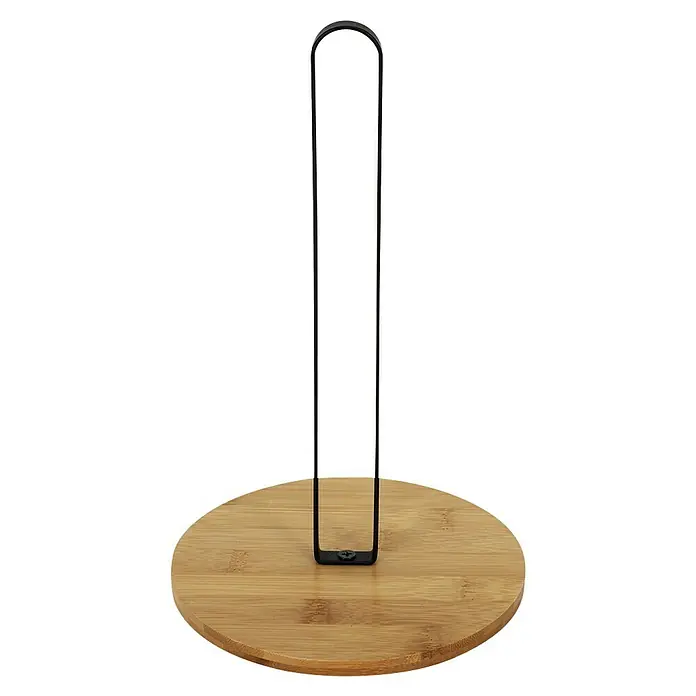 Soporte de papel de cocina con base de bambú - Ø x Al: 16 mm x 27,4 cm, Específico para: 1 Rollo de papel - Este elegante portarrollos de papel presenta una base de bambú y un marco de metal negro, un complemento elegante para cualquier decoración de cocina.