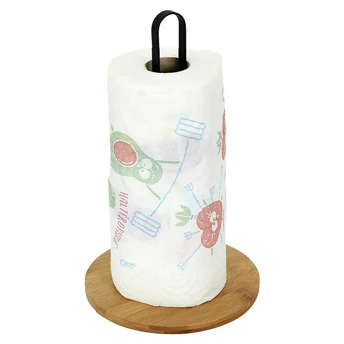 Soporte de papel de cocina con base de bambú - Ø x Al: 16 mm x 27,4 cm, Específico para: 1 Rollo de papel - Portarrollos de cocina con divertidos diseños de aguacate y fresa sobre una base de madera con asa de transporte negra.