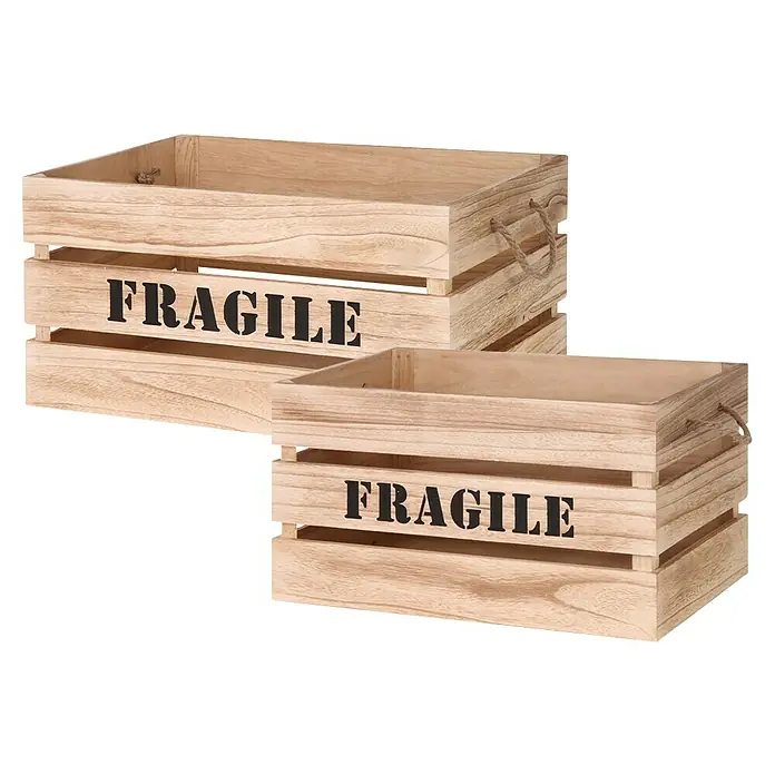 Set cajas de madera - 2 ud., Color: Natural - Dos cajas de madera con la inscripción "FRAGILE", ideales para almacenar y decorar. Prácticas y elegantes.