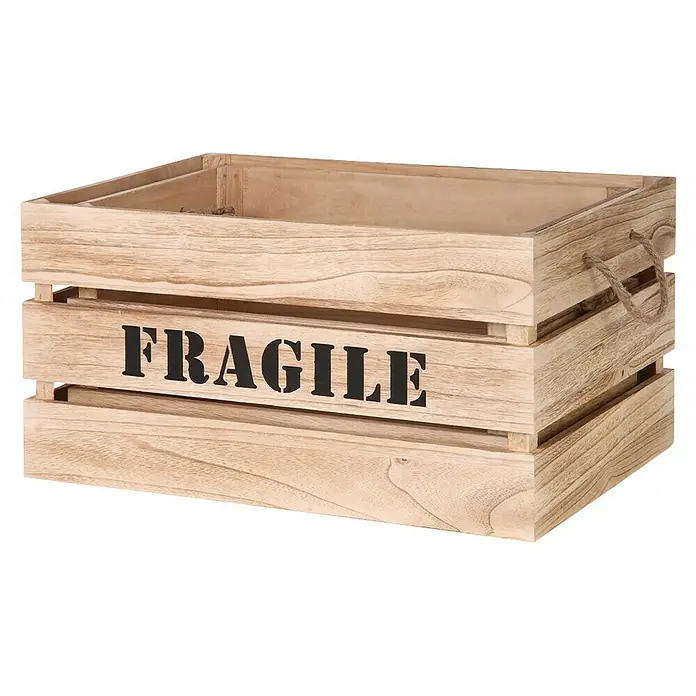 Set cajas de madera - 2 ud., Color: Natural - Primer plano de una caja de madera con la inscripción "FRAGILE" en letras negras, ideal para el almacenamiento y transporte de mercancías delicadas.