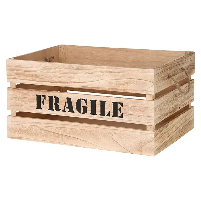 Set cajas de madera - 2 ud., Color: Natural - Caja de madera con la inscripción "FRAGILE" y asas de cuerda para transportar y almacenar objetos frágiles.
