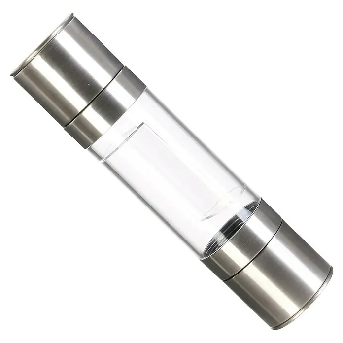 Molinillo de sal y pimienta 2 en 1 - 5,2 mm x 21,8 cm, 230 ml - Molinillo de sal y pimienta con detalles de acero inoxidable y un recipiente transparente para rellenar fácilmente, para un sabor recién molido.