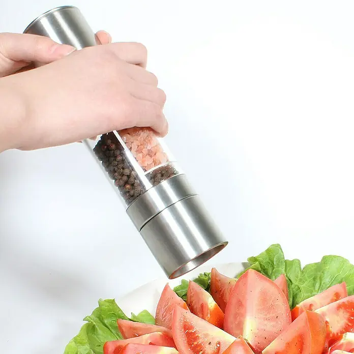 Molinillo de sal y pimienta 2 en 1 - 5,2 mm x 21,8 cm, 230 ml - Ensalada sazonada con un molinillo de especias de acero inoxidable relleno de granos de pimienta y sal rosa del Himalaya.
