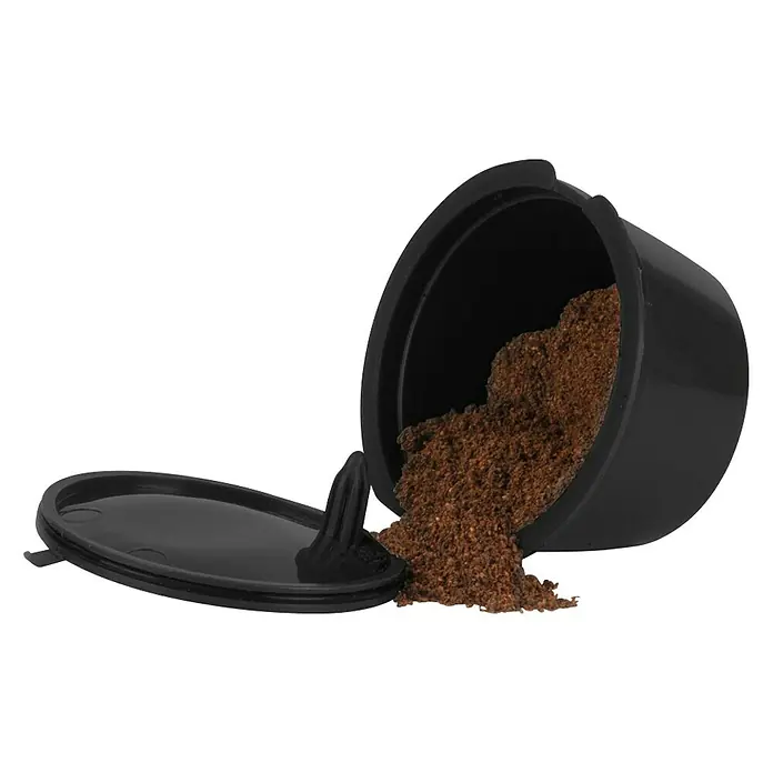 Cápsulas de café reutilizables - 3 ud., Específico para: Dolce Gusto - Cápsula de café reutilizable negra con tapa abierta y posos de café. Ideal para un disfrute del café eco-consciente.