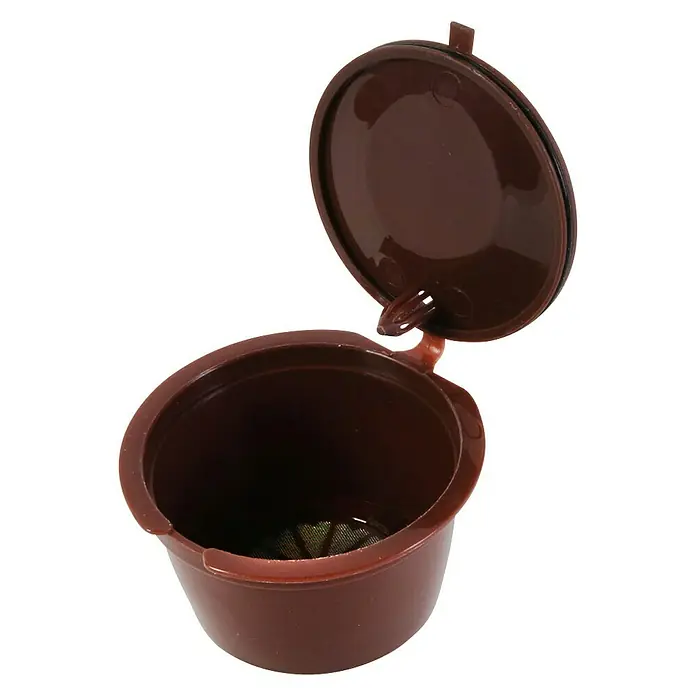 Cápsulas de café reutilizables - 3 ud., Específico para: Dolce Gusto - Cápsula de café reutilizable marrón con tapa abierta, apta para máquinas Nespresso, ideal para preparar café personalizado.