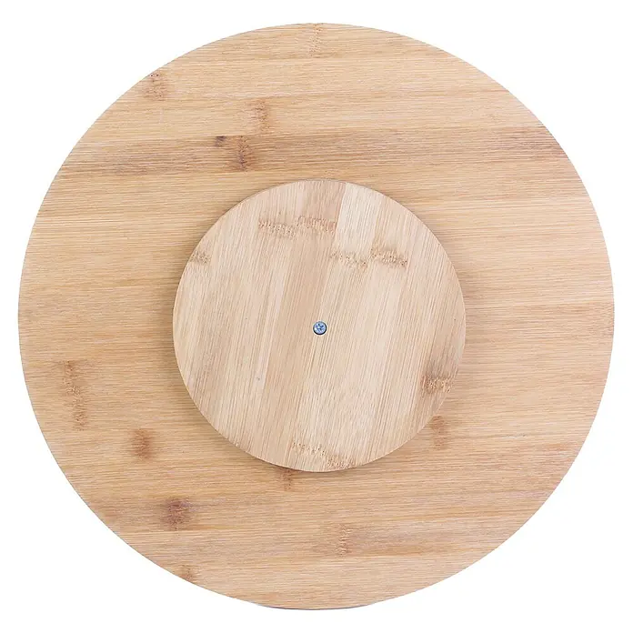 Fuente de madera giratoria - Diámetro: 35 cm, Bambú - La imagen muestra una bandeja giratoria redonda de madera de bambú con una plataforma giratoria central más pequeña. Ideal para buffets o decoración de mesa.