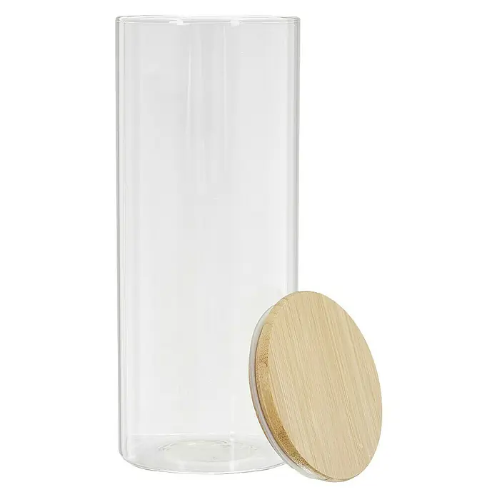 Frasco de vidrio con tapa - Ø x Al: 10,3 x 25 cm, 1,6 l - Un frasco de almacenamiento transparente con una tapa de madera clara al lado. Ideal para guardar alimentos básicos en la cocina y añadir un toque de estilo a la encimera.