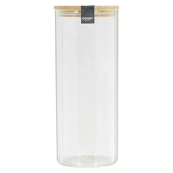 Frasco de vidrio con tapa - Ø x Al: 10,3 x 25 cm, 1,6 l - Recipiente transparente de vidrio con tapa de madera y etiqueta de Cook Concept, ideal para almacenar alimentos y una solución de exhibición elegante en la cocina.