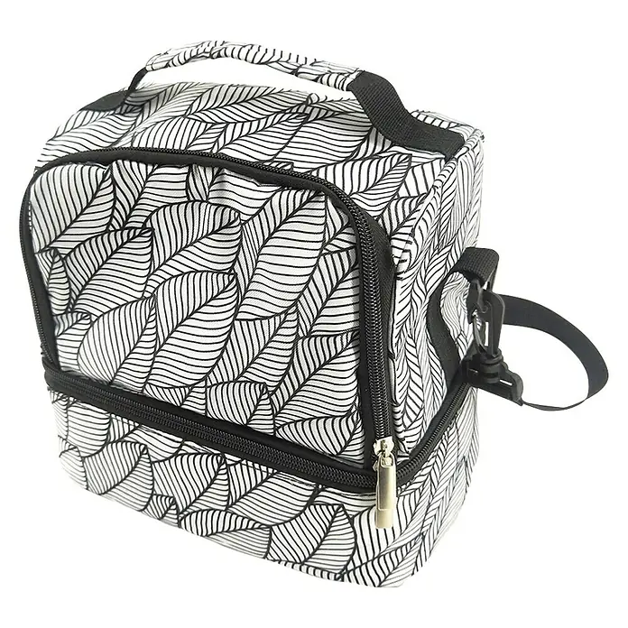 Bolsa isotérmica - L x An x Al: 15,5 x 22,5 x 25 cm, Color: Surtido - Bolsa de almuerzo aislada con cremallera negra y estampado de hojas, ideal para mantener la comida fresca en movimiento.