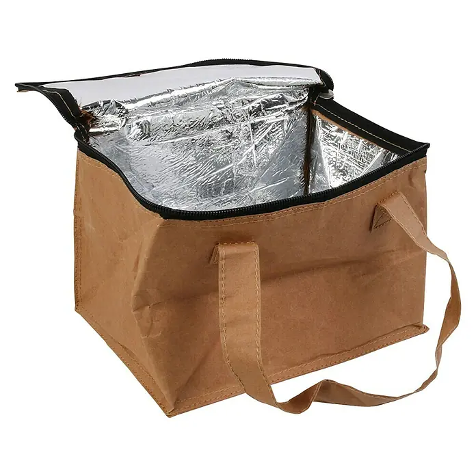 Bolsa isotérmica - L x An x Al: 17,5 x 22 x 16 cm, Beige - Imagen de una bolsa de almuerzo marrón abierta con aislamiento plateado y cremallera negra.