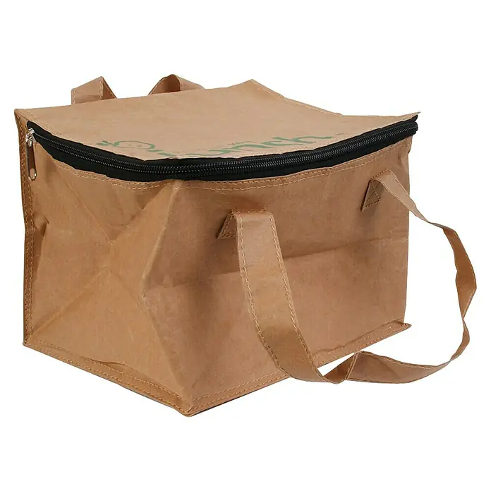 Bolsa isotérmica - L x An x Al: 17,5 x 22 x 16 cm, Beige - Bolsa térmica marrón con cremallera en la parte superior y asas. Ideal para mantener alimentos y bebidas fríos cuando se viaja.