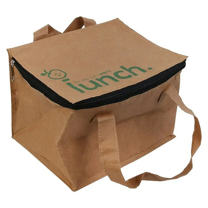 Bolsa isotérmica - L x An x Al: 17,5 x 22 x 16 cm, Beige - Imagen de una bolsa marrón para el almuerzo con cremallera negra e impresión verde "la vie en vert lunch".
