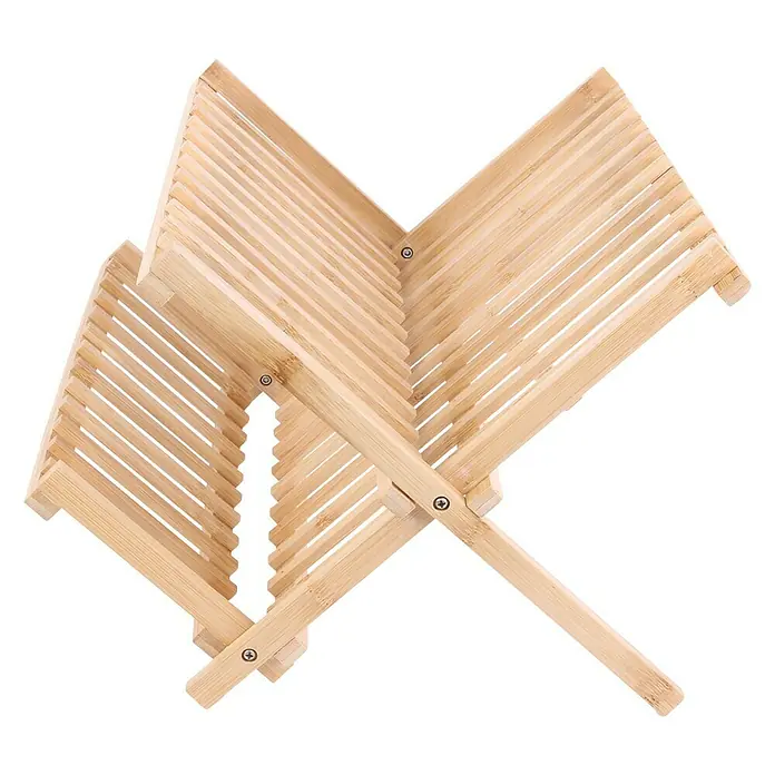 Escurreplatos de madera - L x An x Al: 33 x 40,3 x 24 cm, Bambú - Primer plano de un escurreplatos plegable de madera sobre un fondo negro.