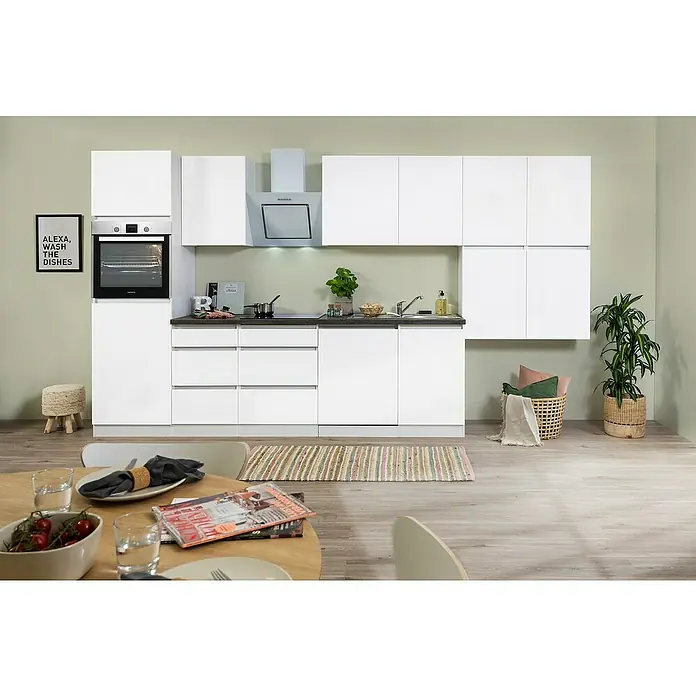 Respekta Premium Küchenleerblock LorenaBreite: 380 cm, Weiß, Matt, Dekor Arbeitsplatte: Steinoptik, Ohne Elektrogeräte - Kücheneinrichtung mit weißen Schränken, einer Essecke und Deko. Elegantes Design, ideal für moderne Wohnräume.