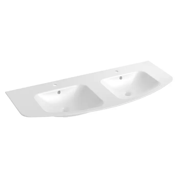 Lanzet Classico Doppelwaschtisch - 138,6 x 53,3 cm, Weiß - Aufsicht auf ein weißes Doppelwaschbecken mit zwei Becken und Hahnlöchern, geeignet für ein modernes Badezimmerdesign.