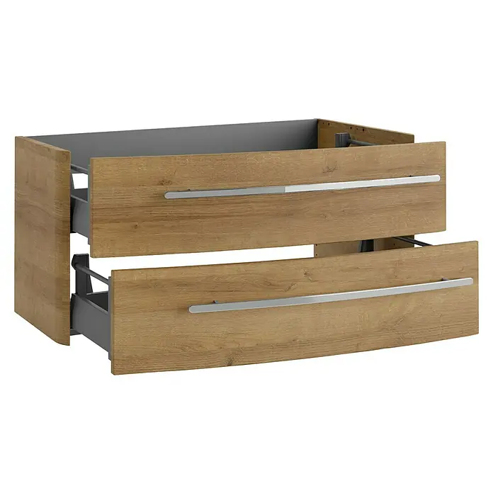 Lanzet Classico Badmöbel-Set CL10LWBC - 99,2 cm, Berg Eiche, Farbe Griff: Chrom, Links - Holzfarbener Unterschrank mit zwei Schubladen und silbernen Griffen. Ideal für Bad oder Küche mit viel Stauraum und modernem Design.