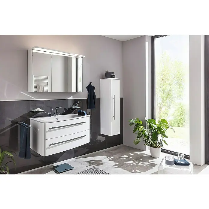 Lanzet Classico Midischrank - B x T x H: 31,2 x 32,5 x 121,4 cm, Weiß, Farbe Griff: Anthrazit, DIN Anschlag: Rechts - Modernes Badezimmer-Interieur mit weißem Waschtischunterschrank, Spiegelschrank und Hochschrank für ein stilvolles Ambiente.