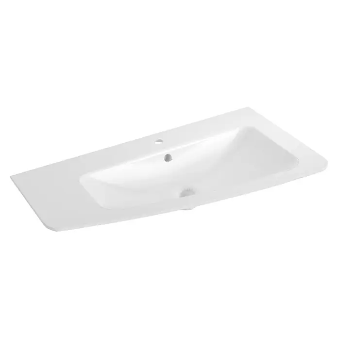 Lanzet Classico Badmöbel-Set CL10LWBA - 99,2 cm, Berg Eiche, Farbe Griff: Anthrazit, Links - Hochauflösende Nahaufnahme eines weißen Waschbeckens, das durch sein sauberes Design und die glänzende Oberfläche besticht.