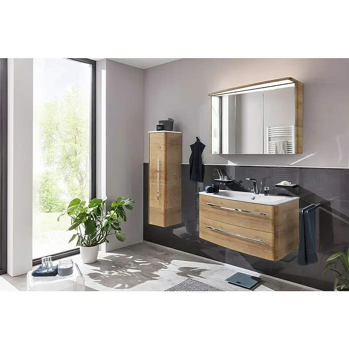 Lanzet Classico Einbauwaschbecken - 100,6 x 53,3 cm, Weiß, Ablage links - Modernes Badezimmer-Interieur mit Waschtischunterschrank in Holzoptik, Spiegelschrank und hochfloriger Pflanze für ein stilvolles Ambiente.