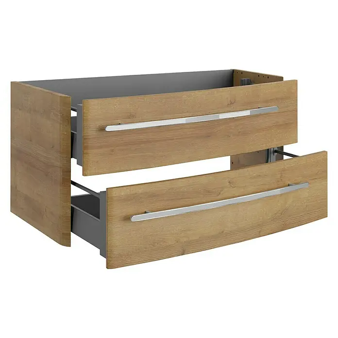 Lanzet Classico Badmöbel-Set CL10RWBC - 99,2 cm, Berg Eiche, Farbe Griff: Chrom, Rechts - Holzfarbener Waschtischunterschrank mit zwei Schubladen und silberfarbenen Griffen für Badezimmer. Die Schubladen sind teilweise geöffnet.