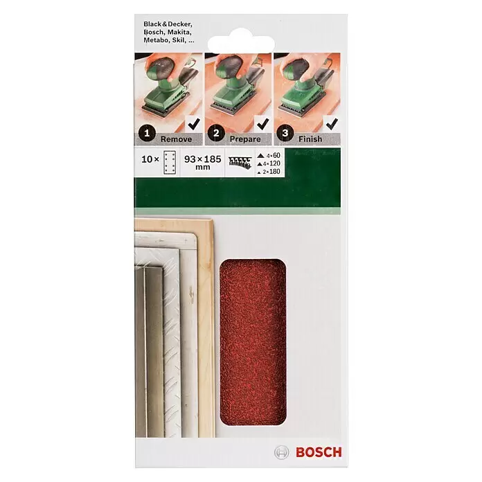 Bosch Schleifblatt-Set für Exzenterschleifer - L x B: 185 x 93 mm, 10 Stk. - Bosch Schleifpapier-Set: 10 Blätter (93x185mm) für Schwingschleifer, Körnungen 60, 120, 180 zum Entfernen, Vorbereiten, Finishen.