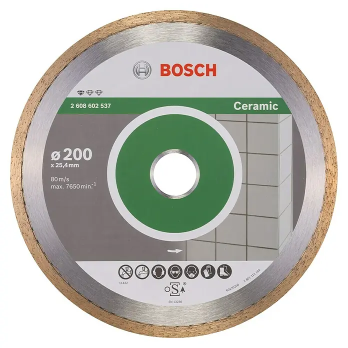 Bosch Professional Diamant-Trennscheibe Standard for Ceramic - Durchmesser Scheibe: 200 mm, Höhe Segment: 7 mm - Abgebildet ist eine Bosch-Keramik-Trennscheibe mit einem Durchmesser von 200 mm, ideal für präzise Schnitte in Keramikmaterialien.