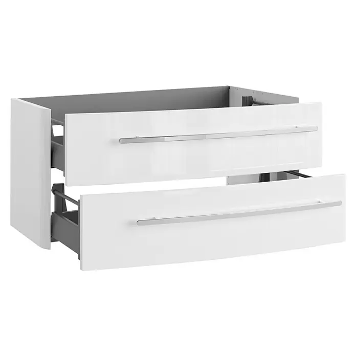 Lanzet Classico Badmöbel-Set CL10LMWC - 99,2 cm, Weiß, Farbe Griff: Chrom, Links - Schrank mit zwei weißen Schubladen und silbernen Griffen. Das Möbelstück hat ein modernes und schlichtes Design.