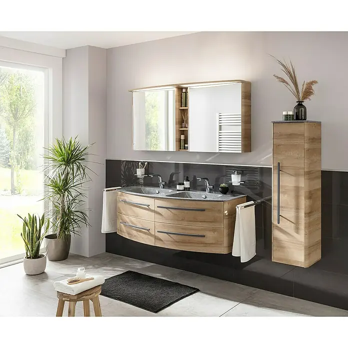 Lanzet Classico LED-Spiegelschrank - B x H: 142 x 70,2 cm, Mit Beleuchtung, Berg Eiche - Elegantes Badezimmer-Interieur mit Waschtischunterschrank, Spiegelschrank und Hochschrank in Holzoptik. Stilvolles Design für moderne Bäder.
