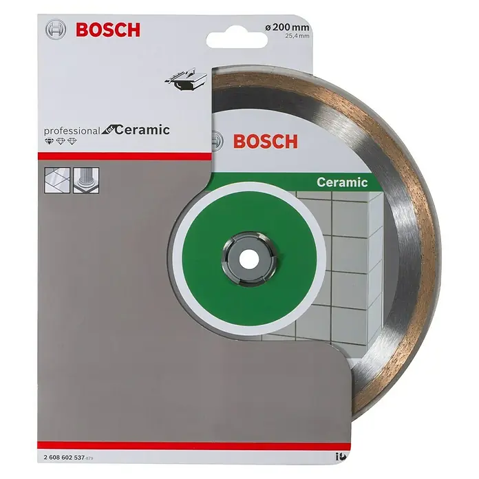 Bosch Professional Diamant-Trennscheibe Standard for Ceramic - Durchmesser Scheibe: 200 mm, Höhe Segment: 7 mm - Das Bild zeigt eine Bosch Professional Keramik Trennscheibe mit 200 mm Durchmesser, speziell für Keramikfliesen.