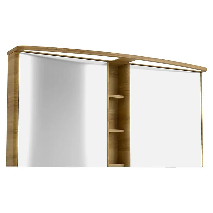 Lanzet Classico Badmöbel-Set CL14WBC - 137,2 cm, Berg Eiche, Farbe Griff: Chrom - Ein Holzschrank mit zwei weißen Türen, der eine elegante und funktionale Aufbewahrungslösung bietet.