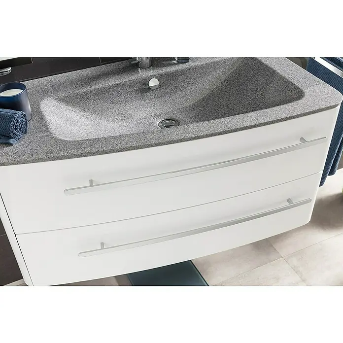 Lanzet Classico Waschtischunterschrank - 99,2 x 52,4 x 48,2 cm, Weiß, Farbe Griff: Chrom, Links - Ein Waschbeckenunterschrank in Weiß mit zwei Schubladen und einem grauen Waschbecken. Die Griffe sind aus silbernem Metall gefertigt.