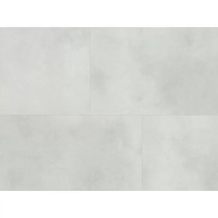 b!design Vinylboden SPC - Sorrento, Fliese, 609,6 x 304,8 x 4 mm - Hellgraue Bodenfliesen in Betonoptik mit subtiler Textur, im versetzten Muster verlegt.
