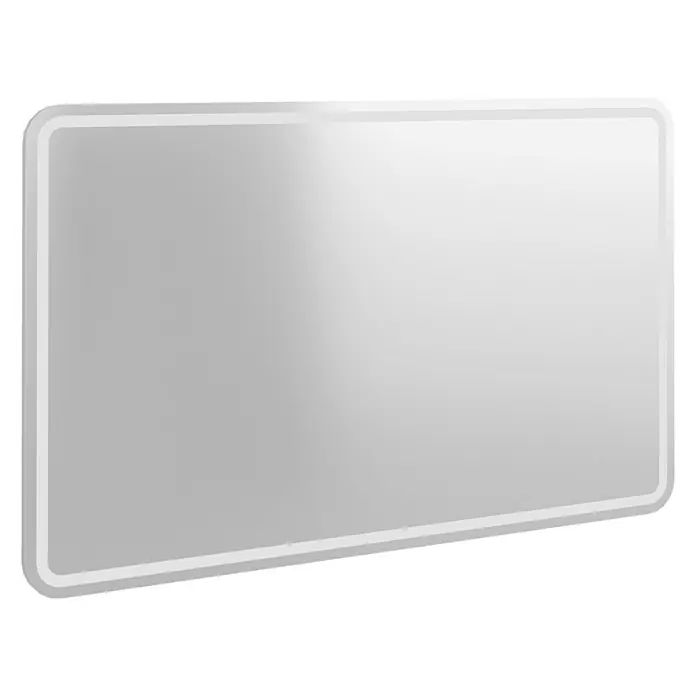 Lanzet Classico LED-Lichtspiegel - 140 x 84 cm - Nahaufnahme eines rechteckigen Spiegels mit abgerundeten Ecken und einer Lichtleiste, die das reflektierende Glas umgibt.