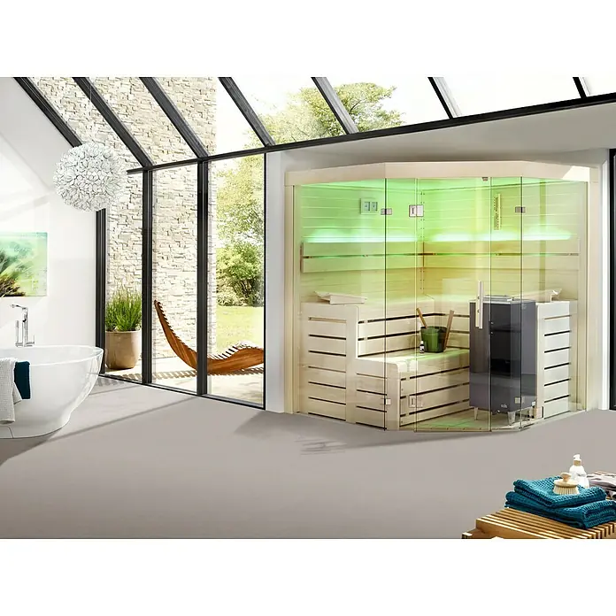 b!design Vinylbodenmuster SPC Pompei - 280 x 160 x 4 mm, Fliesenoptik - Eine luxuriöse Sauna mit Glastüren, hellen Holzbänken und integrierter Beleuchtung in einem modernen Badezimmer.