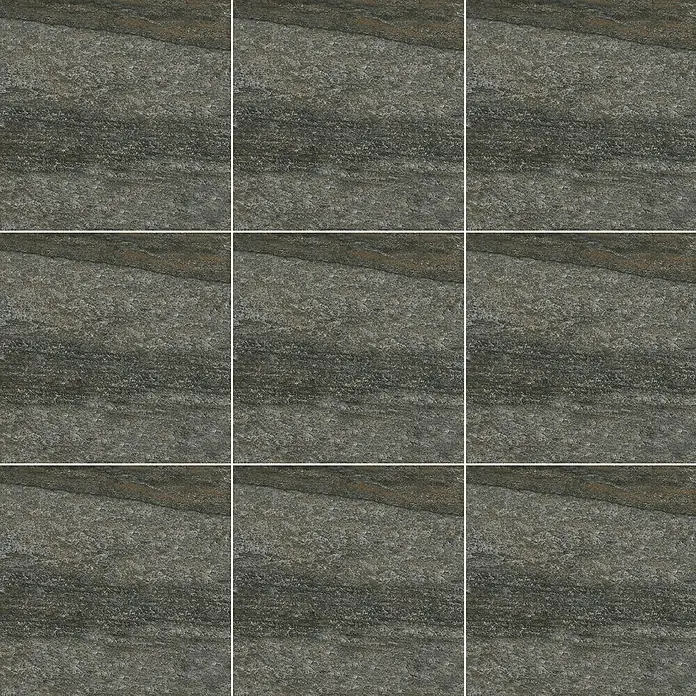 Terrassenfliese Lava Black 2.0 - 60 x 60 x 2 cm, Schwarz/Braun, Matt - Das Bild zeigt eine Nahaufnahme von grauen Steinzeugfliesen, die ein natürliches, rustikales Aussehen für Boden- oder Wandbeläge bieten.