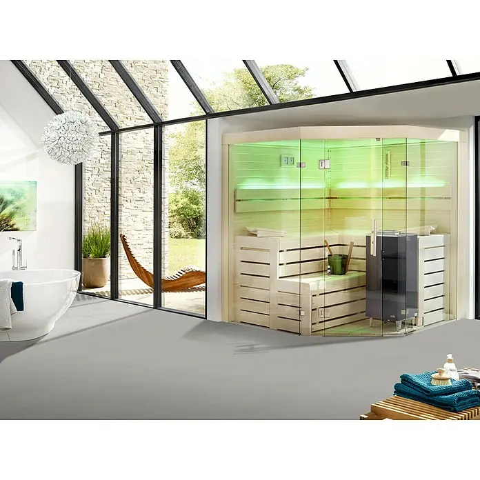 b!design Vinylbodenmuster SPC Siena - 280 x 160 x 4 mm, Fliesenoptik - Elegante Sauna mit Glasfront, Holzsitzen und stimmungsvoller Beleuchtung. Ein moderner Wellnessbereich für Zuhause mit Stil und Komfort.