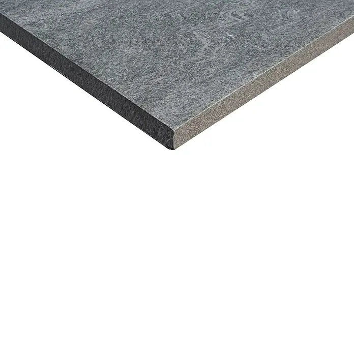 Terrassenfliese Nevada - 60 x 60 x 2 cm, Grau, Matt - Nahaufnahme einer grauen Natursteinplatte mit feiner Maserung, ideal für moderne Inneneinrichtung und stilvolle Oberflächengestaltung.