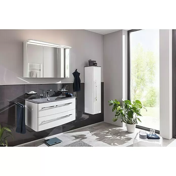 Lanzet Classico Midischrank - B x T x H: 31,2 x 32,5 x 121,4 cm, Weiß/Grau-Metallic, Farbe Griff: Chrom, DIN Anschlag: Rechts - Stimmungsaufnahme
