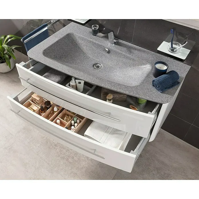 Lanzet Classico Badmöbel-Set CL10RMWC - 99,2 cm, Weiß, Farbe Griff: Chrom, Rechts - Badezimmerschrank mit offenem Schubladensystem und Waschbecken aus Kunststein in Grau. Elegantes Design und praktische Aufbewahrungslösung.