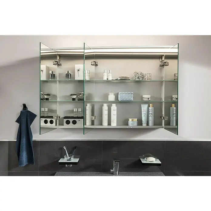 Lanzet Classico Badmöbel-Set CL10LWWA - 99,2 cm, Weiß, Farbe Griff: Anthrazit, Links - Der Spiegelschrank bietet viel Stauraum für Badutensilien und Kosmetikprodukte. Seine klare Linienführung und die integrierte Beleuchtung fallen auf.