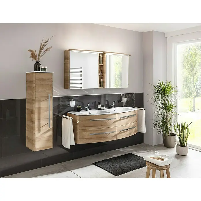 Lanzet Classico Midischrank - B x T x H: 31,2 x 32,5 x 121,4 cm, Berg Eiche/Weiß, Farbe Griff: Chrom, DIN Anschlag: Links - Modernes Badezimmer-Interieur mit Waschtischunterschrank, Spiegelschrank und Hochschrank in Holzoptik. Elegantes Design für ein stilvolles Bad.