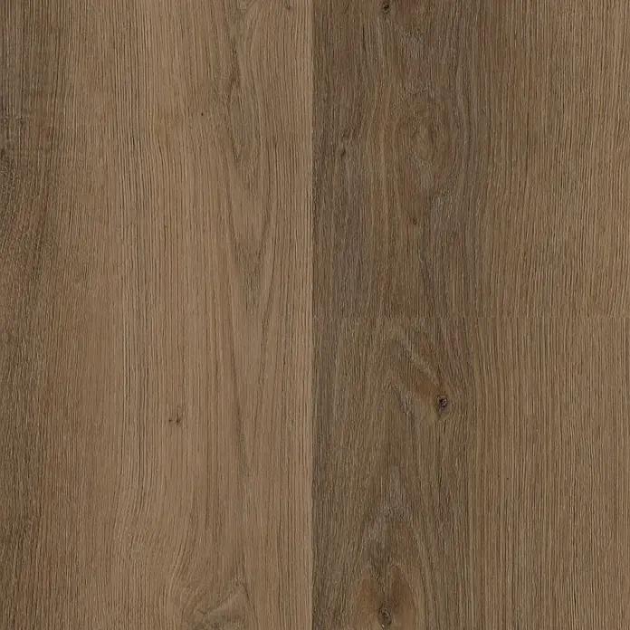 b!design Vinylbodenmuster Premium Windsor - 280 x 160 x 6,5 mm, Landhausdiele - Nahaufnahme von zwei Holzböden in verschiedenen Brauntönen, die eine natürliche Holzstruktur und Maserung aufweisen.