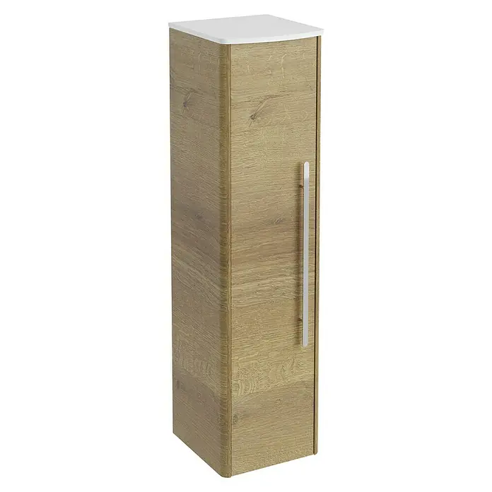 Lanzet Classico Midischrank - B x T x H: 31,2 x 32,5 x 121,4 cm, Berg Eiche/Weiß, Farbe Griff: Chrom, DIN Anschlag: Links - Hochformatiger Badezimmerschrank in Holzoptik mit einer weißen Oberseite und einem langen, silberfarbenen Griff an der Tür.