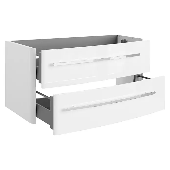 Lanzet Classico Badmöbel-Set CL10RMWC - 99,2 cm, Weiß, Farbe Griff: Chrom, Rechts - Weißer Badezimmerschrank mit zwei Schubladen und stilvollen Griffen. Die Schubladen sind teilweise geöffnet und geben Einblick in den Stauraum.