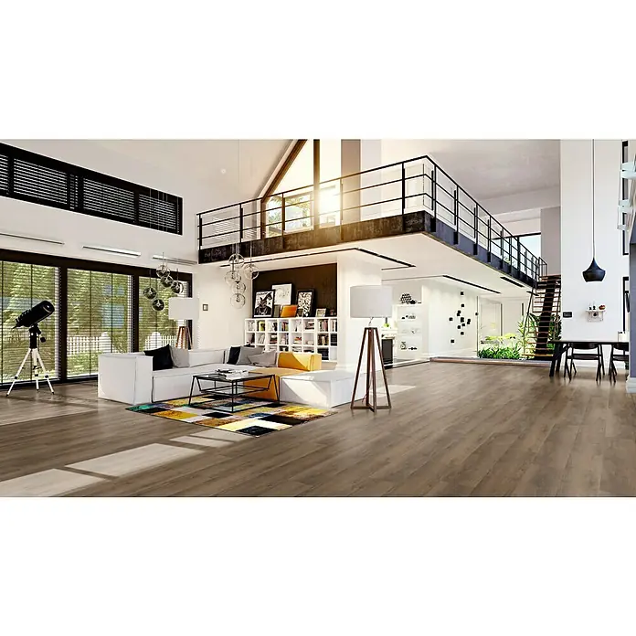b!design Vinylbodenmuster Premium Windsor - 280 x 160 x 6,5 mm, Landhausdiele - Helle und geräumige Wohnung mit stilvollem Wohnbereich, Teleskop und moderner Inneneinrichtung für ein komfortables und elegantes Zuhause.