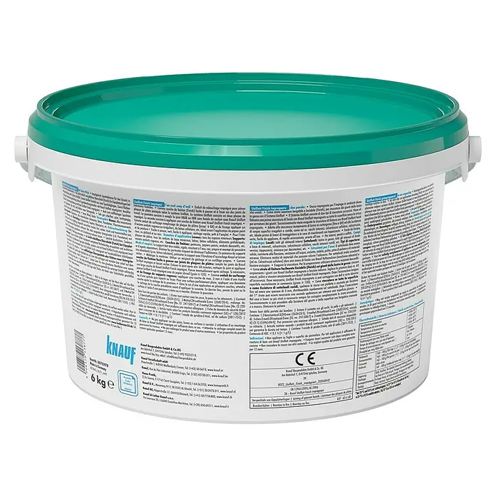 Knauf Fugenspachtel Uniflott Finish imprägniert - 6 kg - Bild eines 6 kg schweren Eimers Knauf Unifill Finish Impregniert, ideal zum Verfugen von Gipskartonplatten und für feine Oberflächenarbeiten.