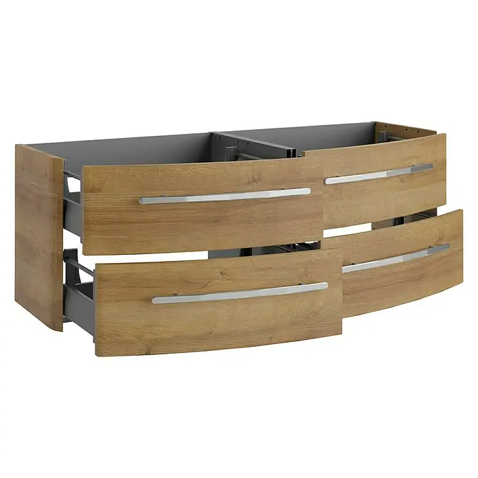Lanzet Classico Badmöbel-Set CL14MBC - 137,2 cm, Berg Eiche, Farbe Griff: Chrom - Ein hölzerner Badezimmerschrank mit drei Schubladen und eleganten Griffen, ideal für moderne Badezimmer.